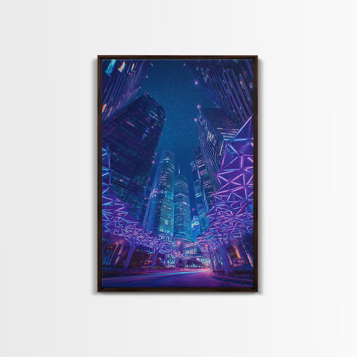Neon Cyberpunk Skyscraper City Canvas Print, Modern Wall Art, Blue Purple Urban Night Poster Print, Contemporary Office Decor