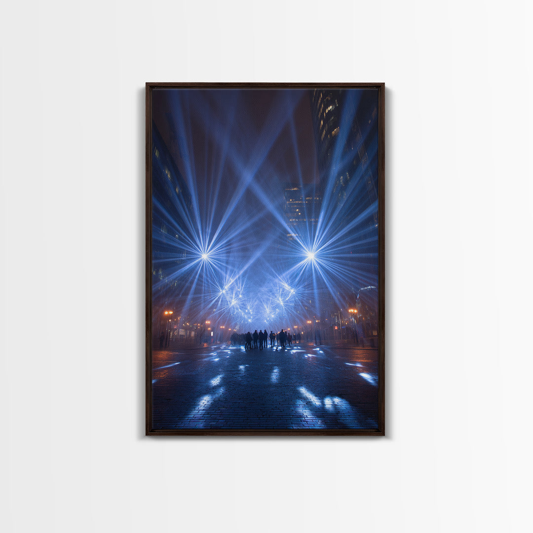 Rainy Night City Light Beams Wall Art, Modern Urban Photography Print, Blue Black Office Decor, Dramatic Skyline Poster Print