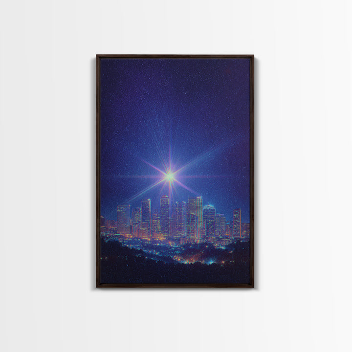 Bright Star Over Night Skyline Canvas Print, Modern Wall Art, Blue City Lights Poster, Space Abstract Art, Bedroom Decor Print