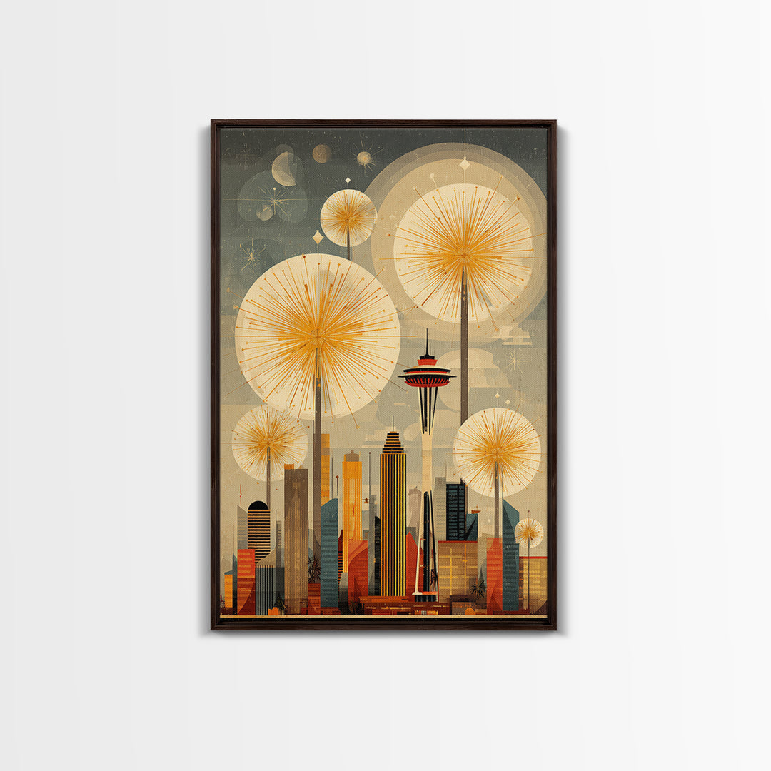Seattle Space Needle Sunbursts Wall Art, Midcentury Modern Art, Retro City Skyline Poster, Atomic MCM Home Decor Print Gift