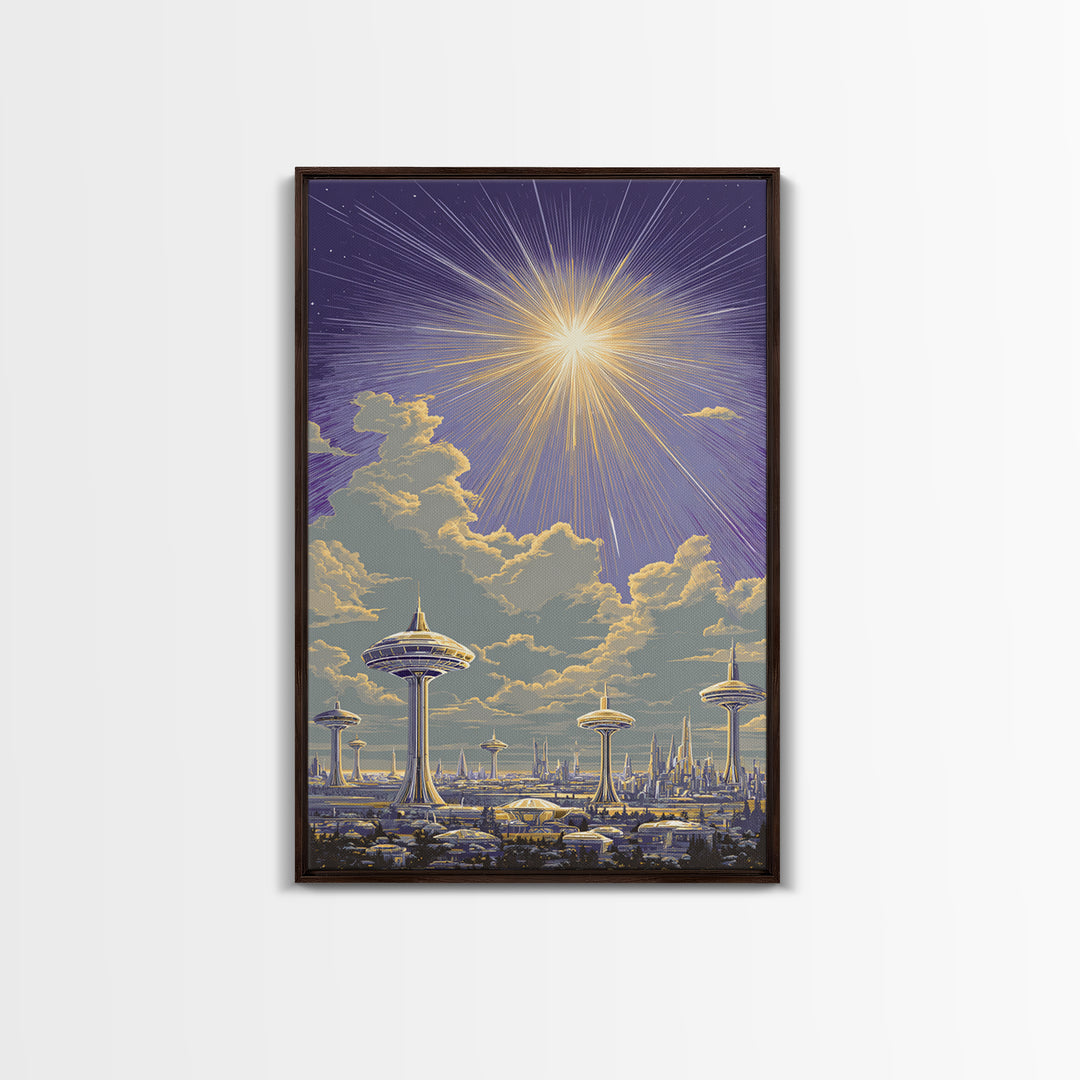 Futuristic Utopia City With Radiant Sun Canvas Print, Retro Sci Fi Wall Art, Space Age Skyline, Modern Home Decor Office Poster Print