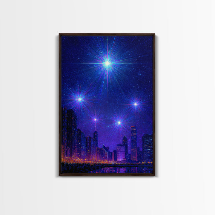Blue Purple Starburst Night Skyline Wall Art, Modern Abstract Art, City Lights Poster, Space Digital Art, Home Office Decor