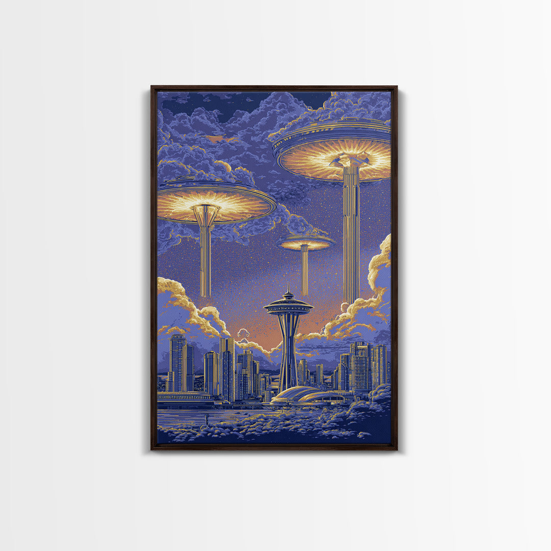 Floating Saucer Towers Above Skyline Framed Canvas Print, Retro Sci Fi Wall Art, Futuristic City Decor, Space Age Poster Print