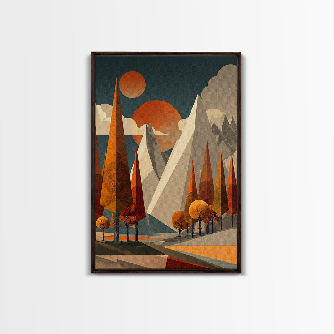 Orange Suns Alpine Peaks Wall Art, Midcentury Modern Mountain Print, Retro Geometric Landscape, MCM Cabin Decor For Living Room