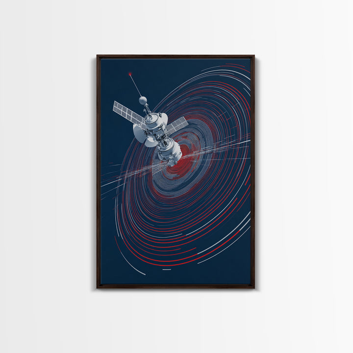Orbiting Satellite With Red Signal Rings Wall Art, Modern Sci Fi Poster, Space Abstract Art Print, Futuristic Office Decor
