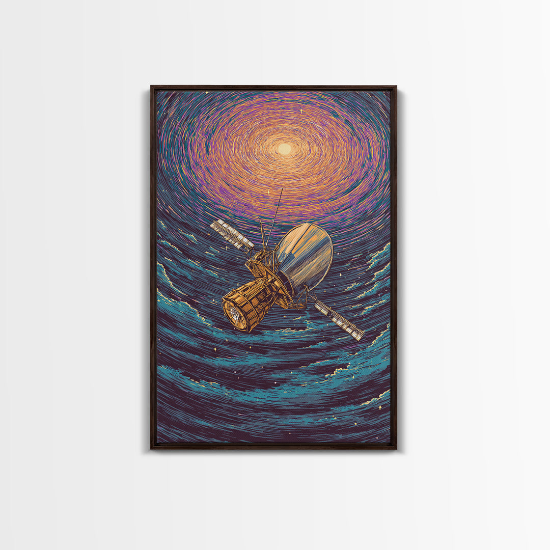 Golden Satellite In Starry Vortex Framed Canvas Print, Space Abstract Wall Art, Modern Sci Fi Poster, Cosmic Retro Decor