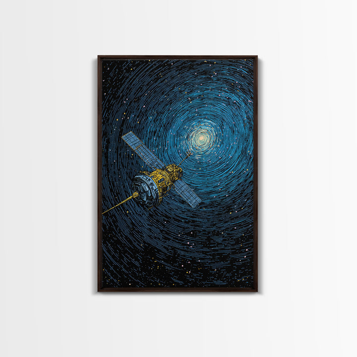 Blue Satellite Drifting Through Star Vortex Canvas Print, Modern Space Wall Art, Sci Fi Poster, Astronomy Office Decor Gift