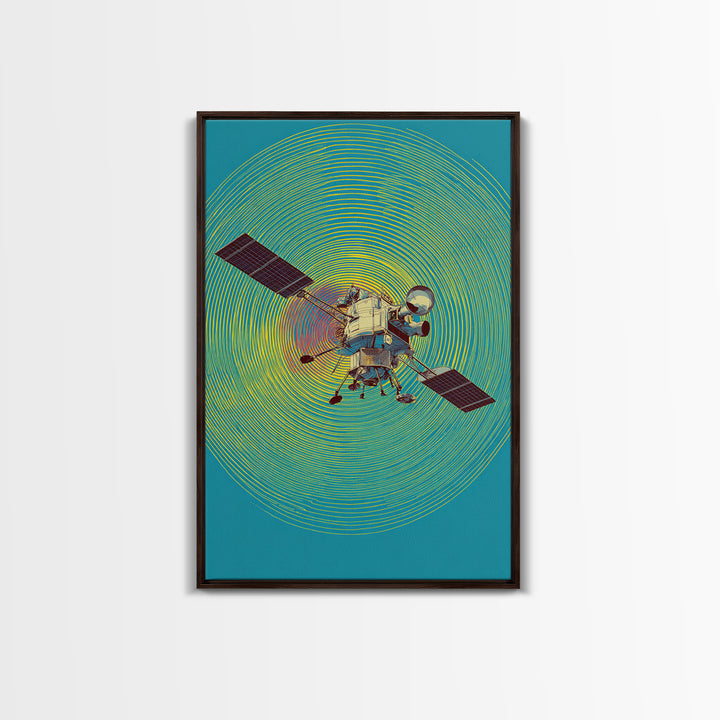 Lunar Probe With Neon Signal Waves Wall Art, Midcentury Modern Space Poster, Colorful Sci Fi Print, Retro Office Decor Gift