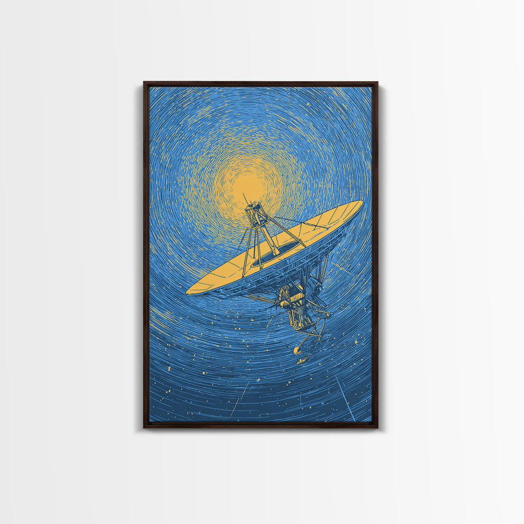Radio Telescope Beneath Swirling Sun Canvas Print, Modern Space Wall Art, Astronomy Poster, Blue Midcentury Decor Gift Idea
