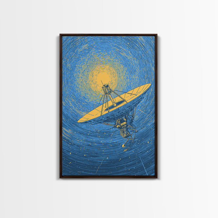 Radio Telescope Beneath Swirling Sun Canvas Print, Modern Space Wall Art, Astronomy Poster, Blue Midcentury Decor Gift Idea