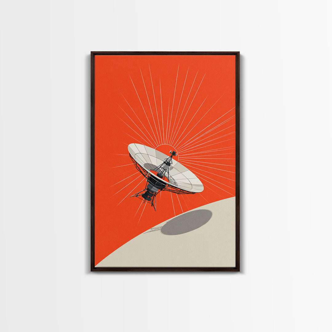 Satellite Dish Over Orange Planet Framed Canvas Print, Retro Space Wall Art, Modern Sci Fi Poster, Bold Office Decor Gift