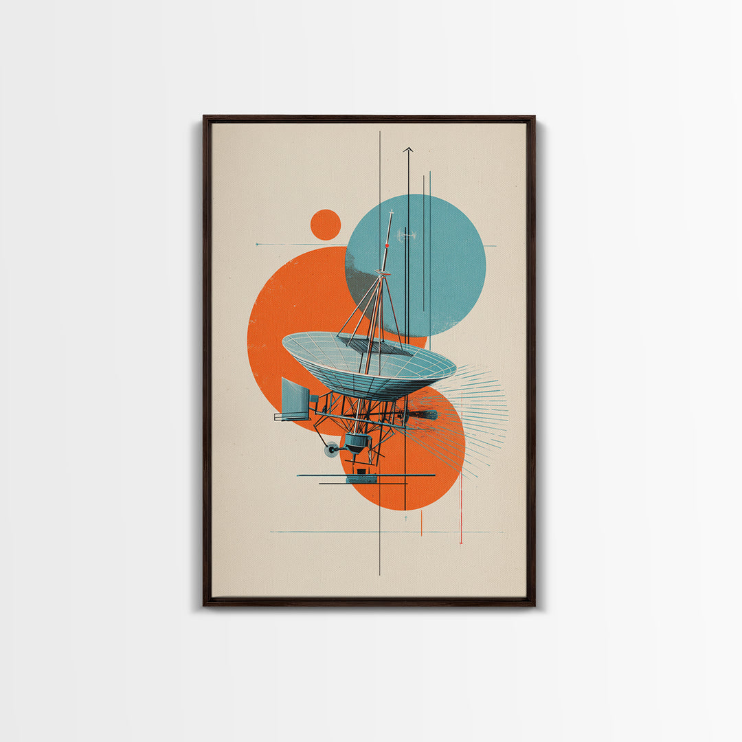 Abstract Radio Telescope With Orange Teal Circles Wall Art, Bauhaus Midcentury Modern Poster, Geometric Office Decor Print