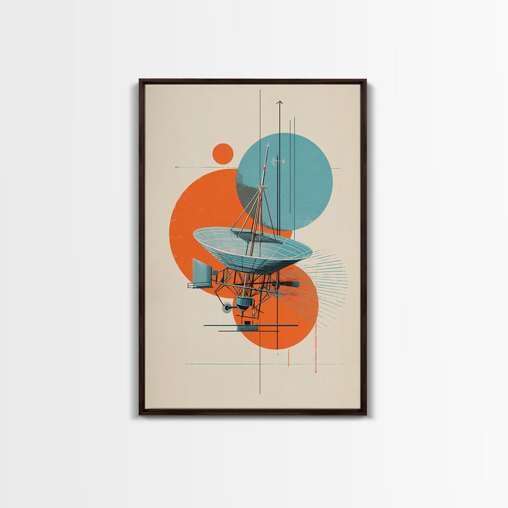 Abstract Radio Telescope With Orange Teal Circles Wall Art, Bauhaus Midcentury Modern Poster, Geometric Office Decor Print