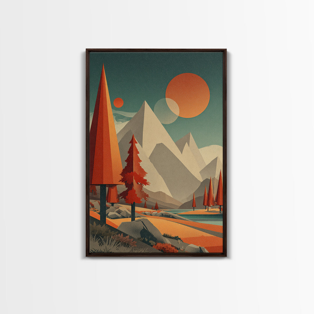 Pyramid Peaks And Orange Suns Framed Canvas Print, Midcentury Modern Alpine Landscape, Retro Mountain Lake Wall Decor For Cabin Living Room