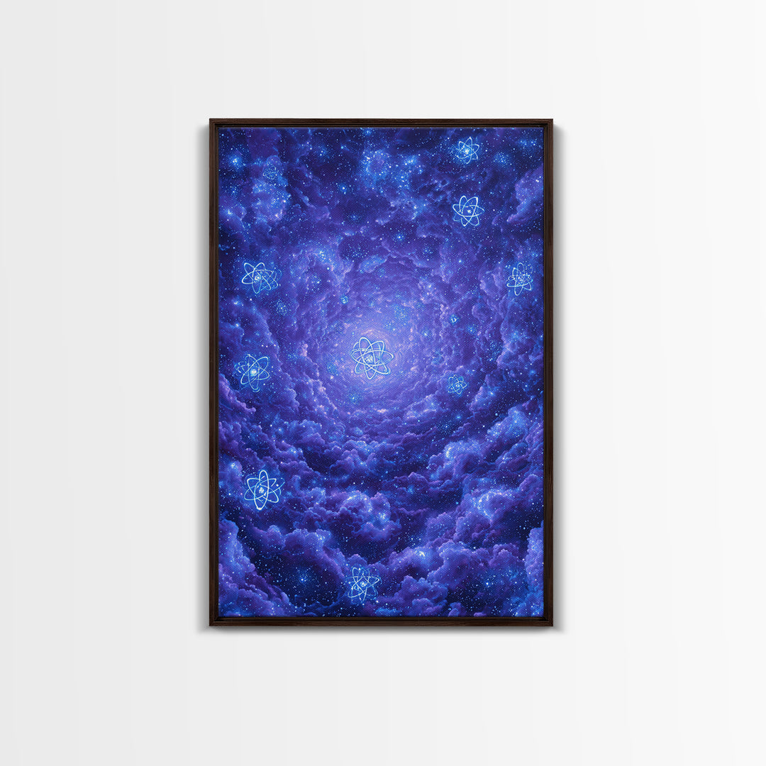 Purple Cosmic Clouds With Atom Symbols Wall Art, Retro Sci Fi Space Poster, Modern Abstract Art, Blue Art Print, Dorm Decor