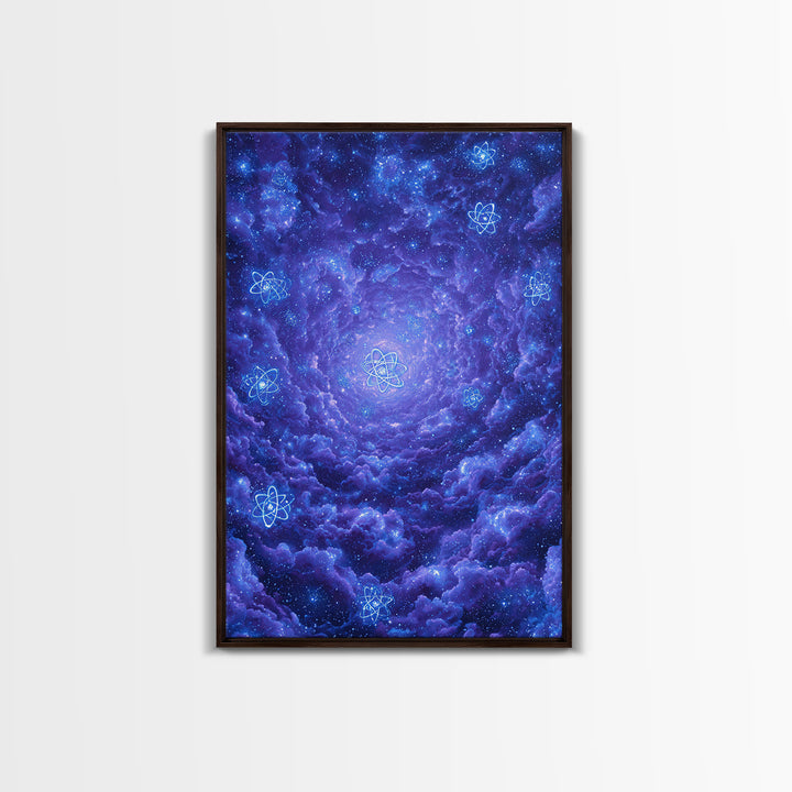 Purple Cosmic Clouds With Atom Symbols Wall Art, Retro Sci Fi Space Poster, Modern Abstract Art, Blue Art Print, Dorm Decor