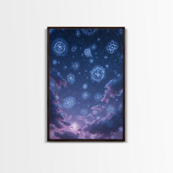 Glowing Celestial Glyphs In Starry Clouds Wall Art, Mystical Space Abstract Poster, Modern Wall Decor, Blue Cosmic Art Print