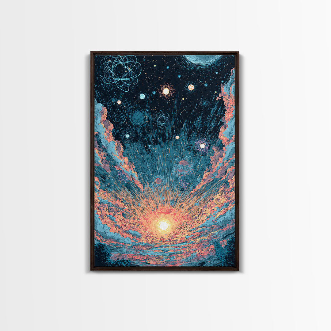 Retro Space Sunrise With Planets And Atoms Canvas Print, Midcentury Modern Art, Atomic Poster, Colorful Wall Decor, Retro Art Print