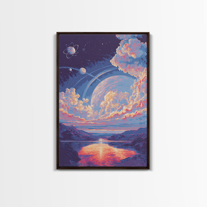 Pastel Planet Lake Under Ringed Sky Framed Canvas Print, Sci Fi Landscape Wall Art, Modern Digital Art, Dreamy Room Decor