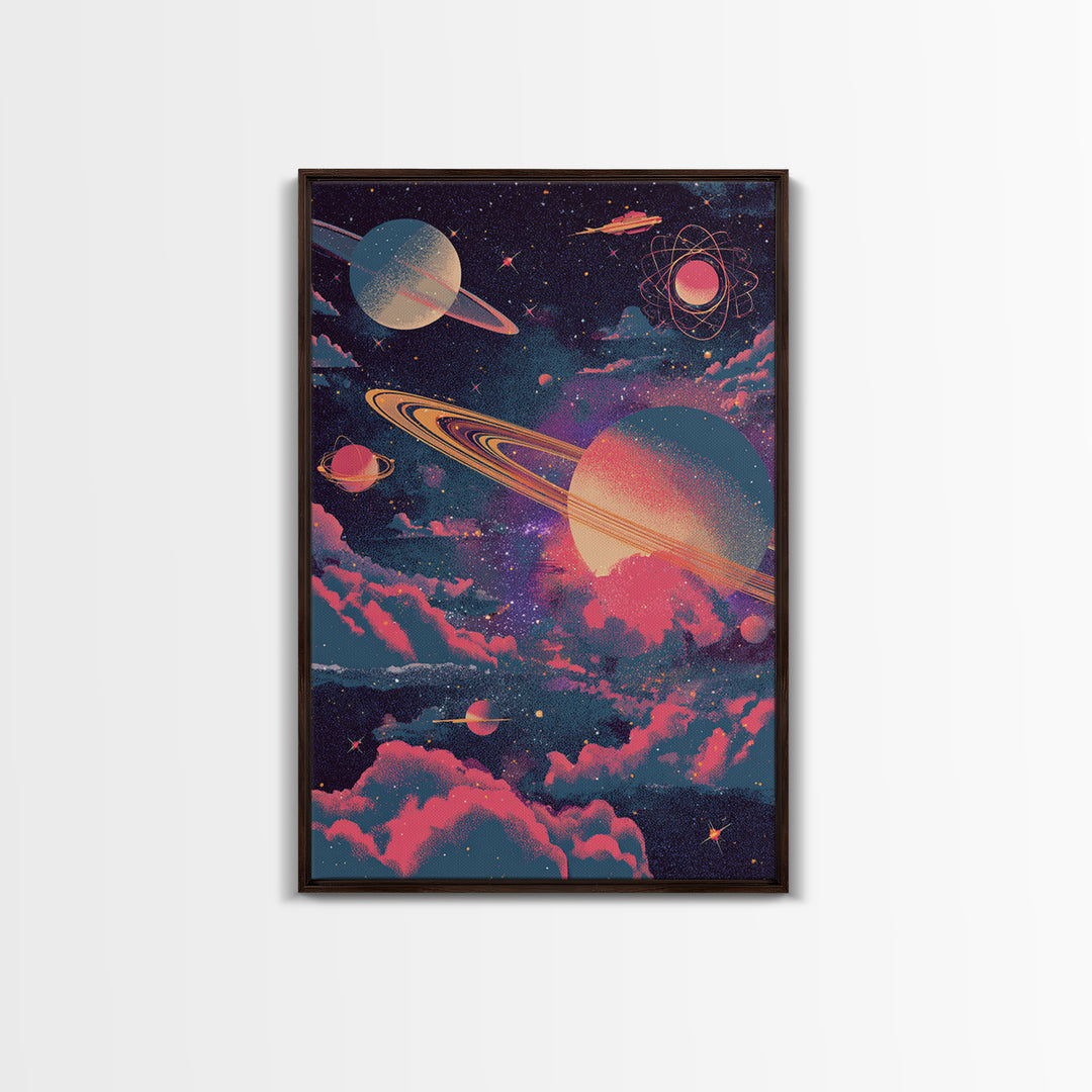 Neon Saturn Planets Above Pink Clouds Framed Canvas Print, Retro Space Poster, Modern Wall Art, Cosmic Home Decor, 70s Art Print