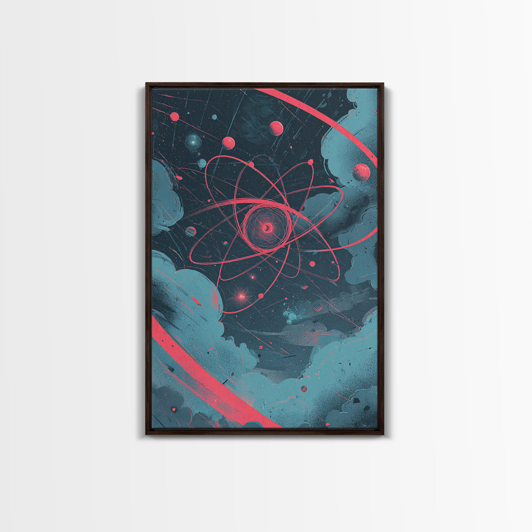 Neon Pink Atom Orbit In Teal Space Canvas Print, Atomic Retro Poster, Modern Abstract Art, Geometric Wall Decor, Mcm Artwork