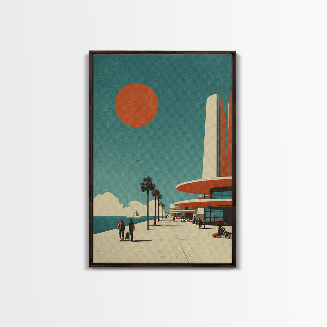 Midcentury Seaside Promenade With Orange Sun Framed Canvas Print, Palm Springs Art, Retro Travel Poster, Modern Wall Decor