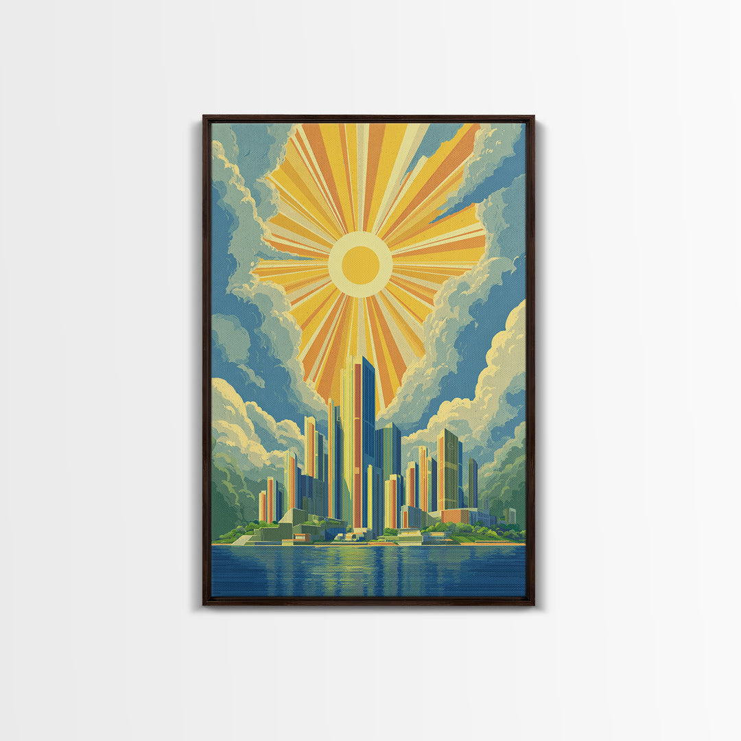 Radiant Futuristic City Sunrise Wall Art, Midcentury Modern Art Print, Retro Skyline Poster, MCM Wall Decor, Living Room Decor