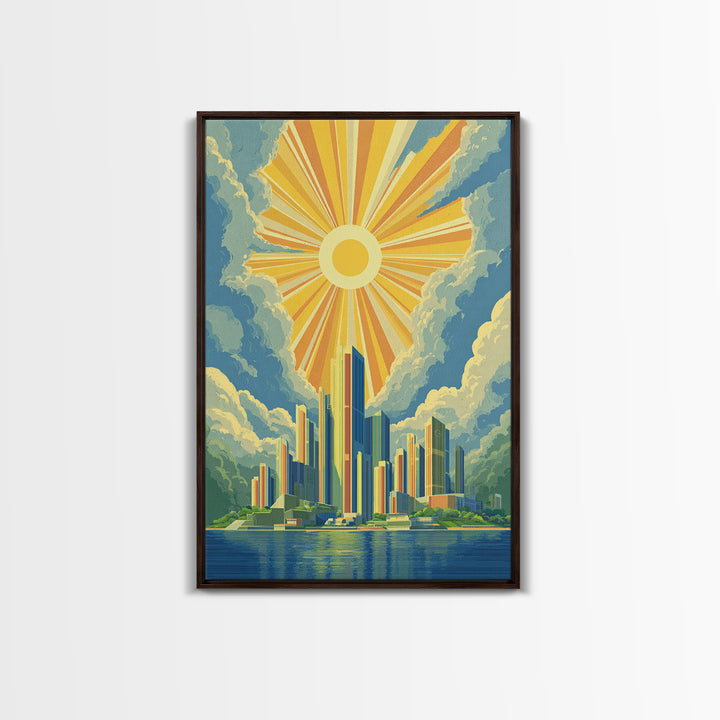 Radiant Futuristic City Sunrise Wall Art, Midcentury Modern Art Print, Retro Skyline Poster, MCM Wall Decor, Living Room Decor