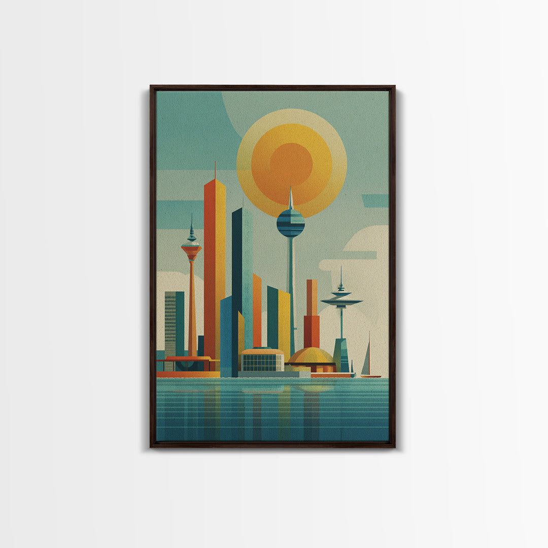 Retro Futuristic Skyline With Orb Sun Canvas Print, Midcentury Modern Wall Art, Atomic City Poster, MCM Decor, Office Wall Decor