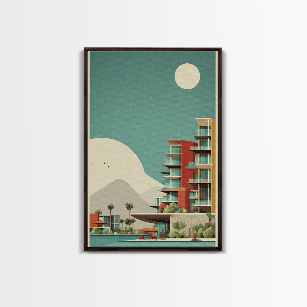 Desert Modern Resort With Moon Framed Canvas Print, Midcentury Modern Wall Art, Palm Springs Poster, Southwestern Home Decor
