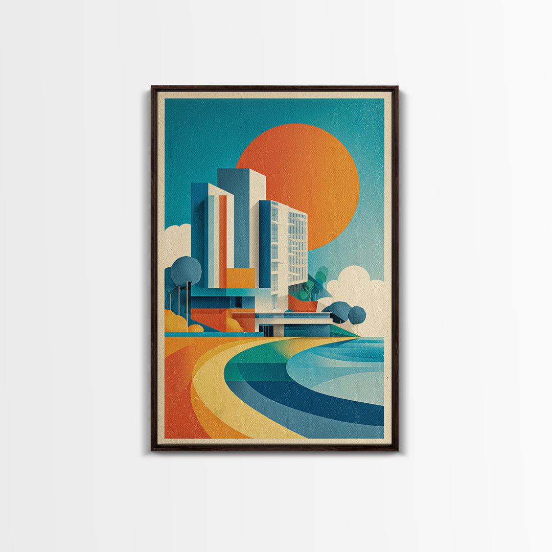 Geometric Modern Building Sunrise Canvas Print, Midcentury Modern Wall Art, Color Block Poster, Bright Abstract Home Decor