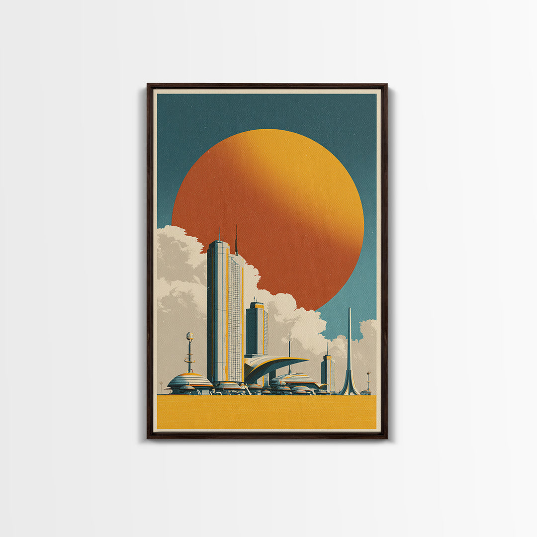 Futuristic City Under Orange Sun Framed Canvas Print, Midcentury Modern Wall Art, Retro Sci Fi Poster, Living Room Decor