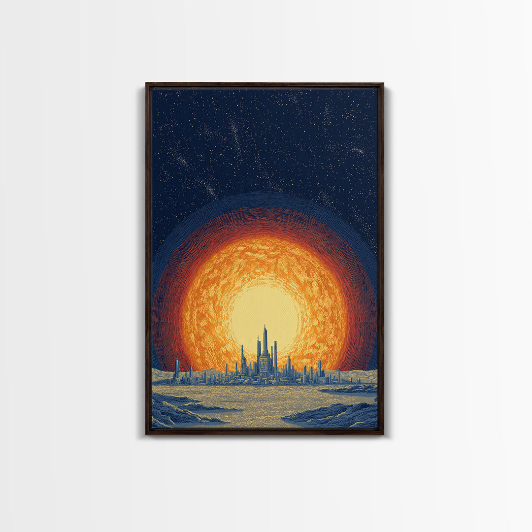 Blazing Solar City At Night Wall Art, Futuristic Midcentury Modern Art Print, Cosmic Retro Poster, Sci Fi Wall Decor, Office Decor