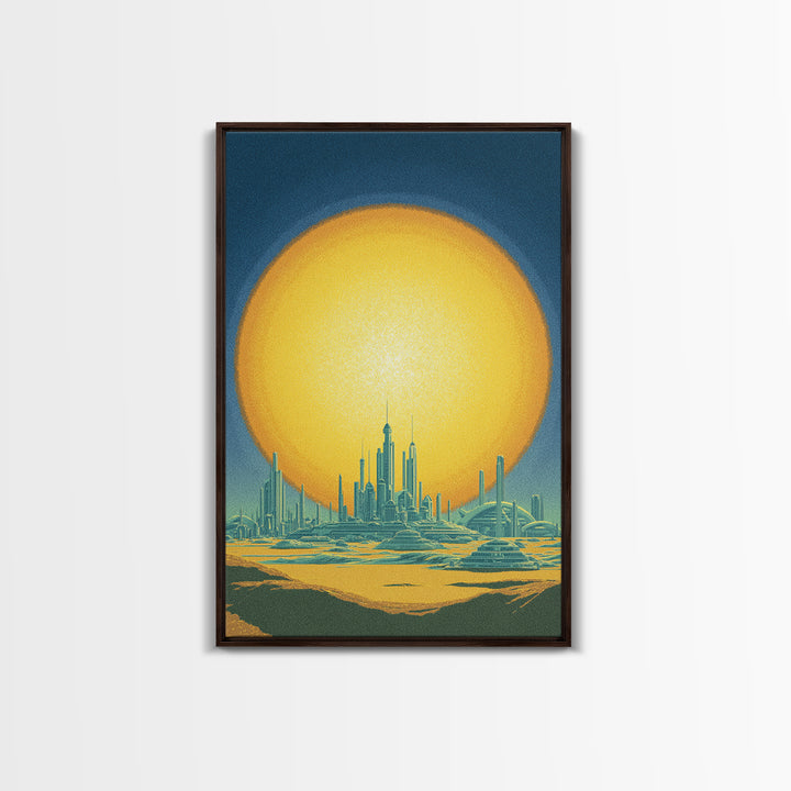 Golden Sun Futuristic Desert Skyline Canvas Print, Midcentury Modern Wall Art, Retro Sci Fi Poster, Modern Living Room Decor