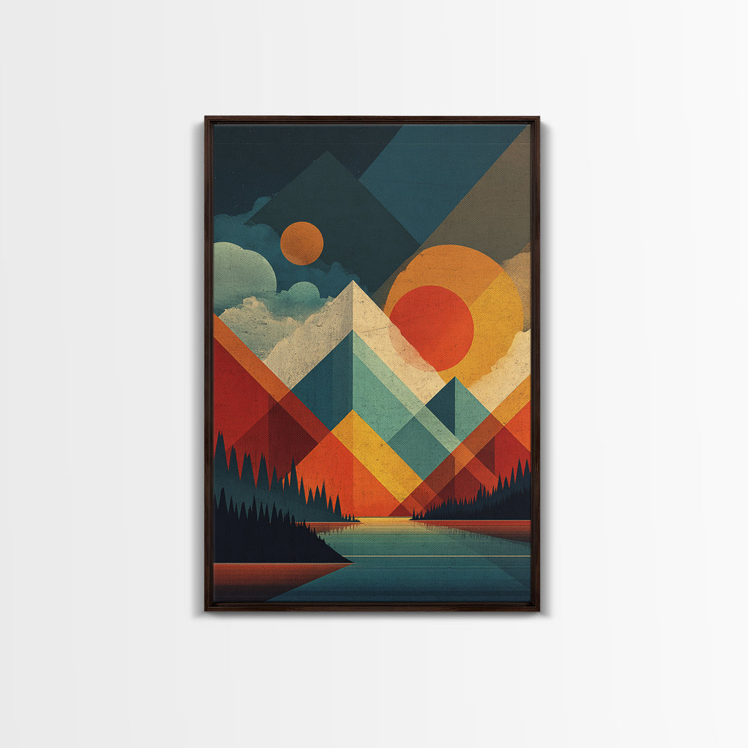 Geometric Mountain Lake Wall Art, Midcentury Modern Abstract Landscape Print, Orange Sun MCM Poster For Living Room Home Decor