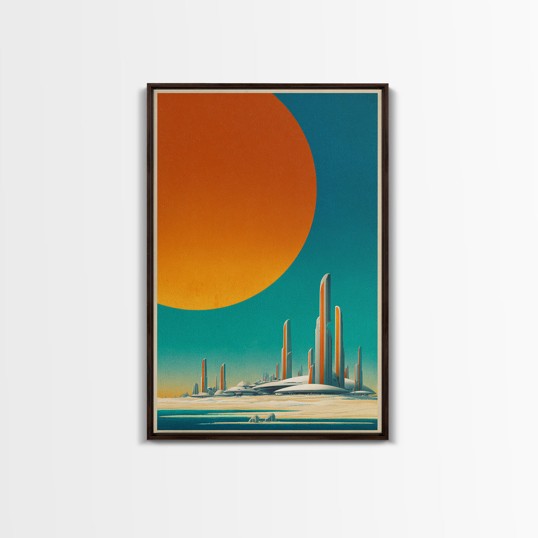 Minimalist Future Towers With Giant Sun Wall Art, Midcentury Modern Art Print, Retro Sci Fi Poster, Abstract Desert Decor
