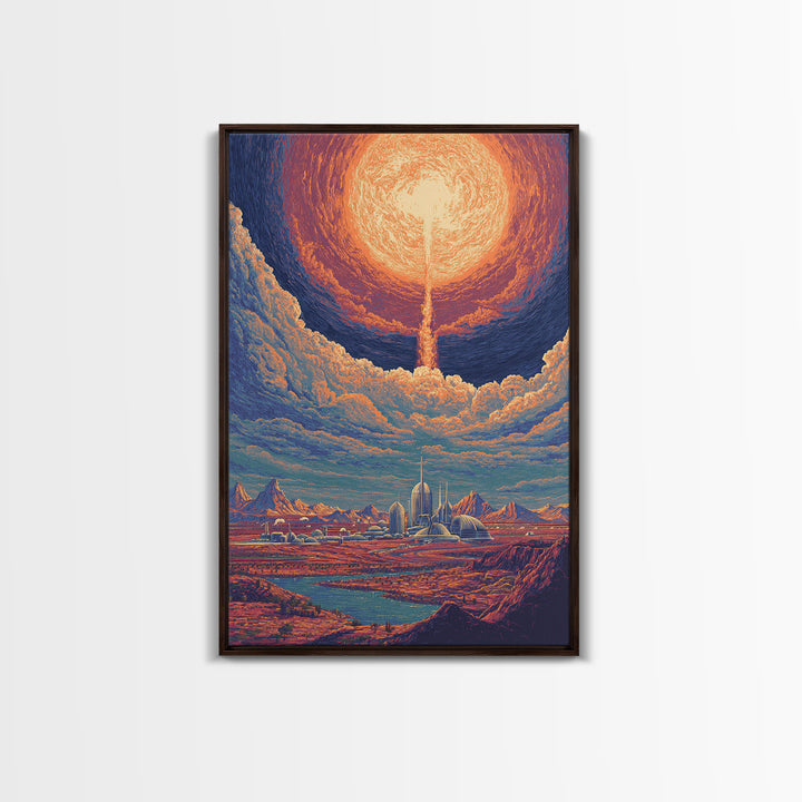 Radiant Solar City And Desert Canyon Wall Art, Retro Sci Fi Landscape Poster, Midcentury Modern Decor, Futuristic Art Print