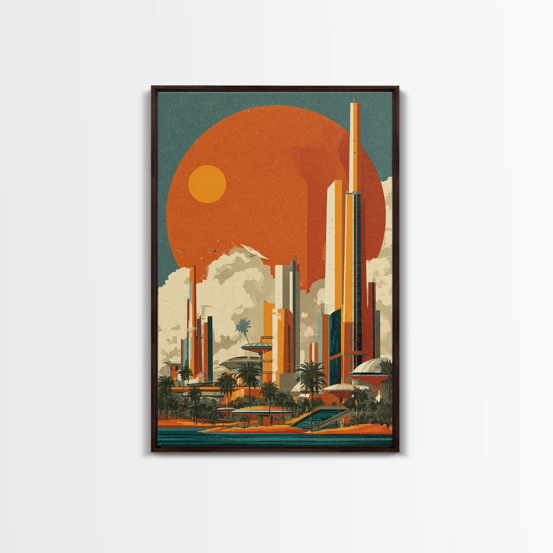 Orange Sun Futuristic Palm City Canvas Print, Retro Travel Poster, Midcentury Modern Wall Decor, Palm Springs Style Art Print