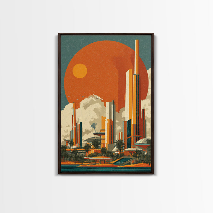 Orange Sun Futuristic Palm City Canvas Print, Retro Travel Poster, Midcentury Modern Wall Decor, Palm Springs Style Art Print