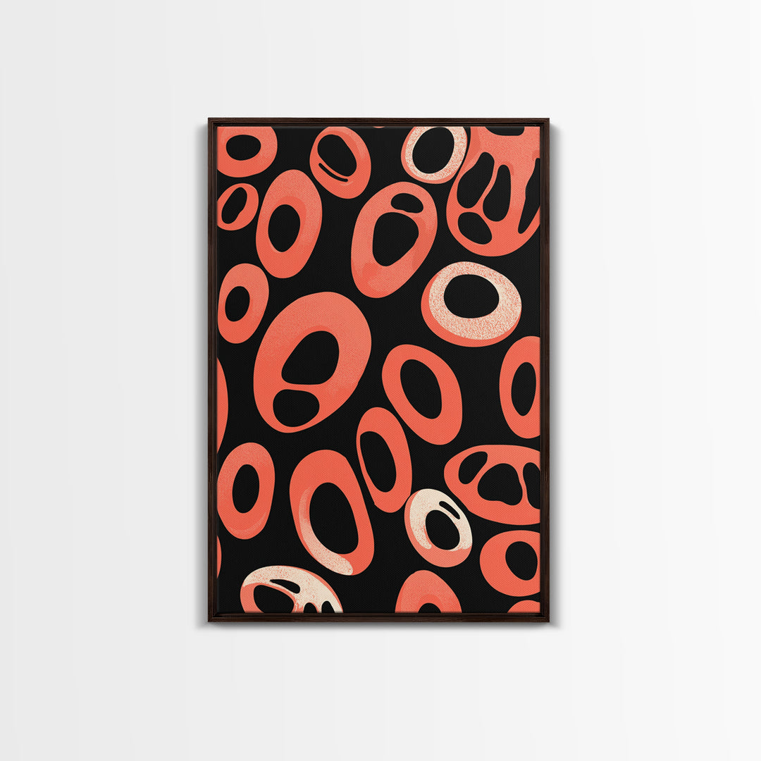 Coral Oval Rings On Black Canvas Print, Bold Retro Abstract Poster, Midcentury Modern Decor, Orange Geometric Wall Art Print