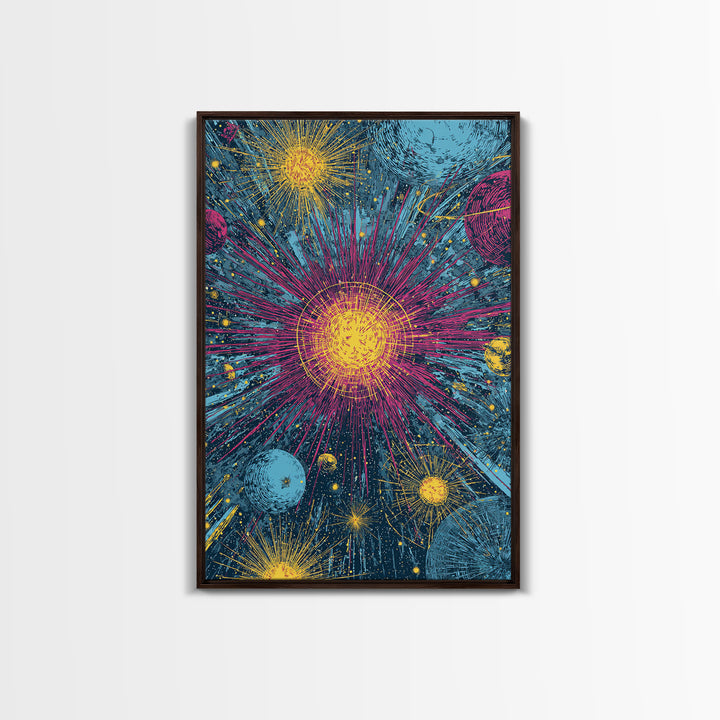 Exploding Stars And Planets Wall Art, Colorful Cosmic Retro Poster, Space Abstract Art, Midcentury Modern Decor Print Gift
