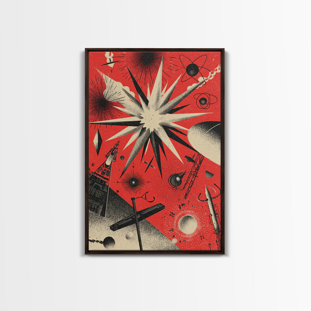 Red Atomic Starburst Space Scene Canvas Print, Retro Sci Fi Poster, Midcentury Modern Wall Decor, Futuristic Art Print Gift