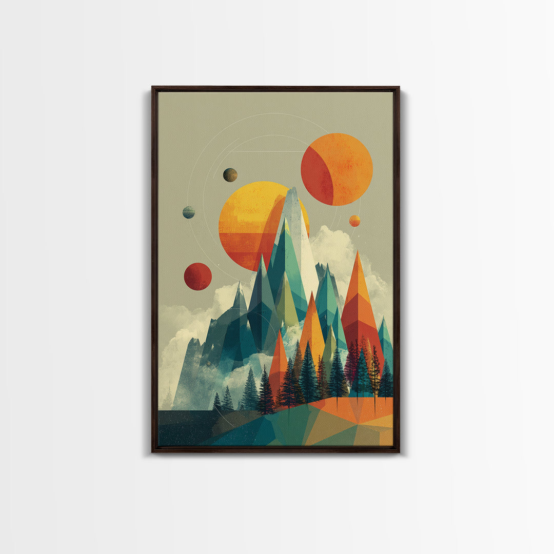 Planets Over Crystal Peaks Canvas Print, Midcentury Modern Space Mountain Wall Art, Retro Geometric MCM Decor For Living Room