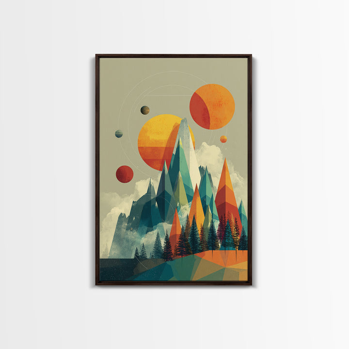 Planets Over Crystal Peaks Canvas Print, Midcentury Modern Space Mountain Wall Art, Retro Geometric MCM Decor For Living Room