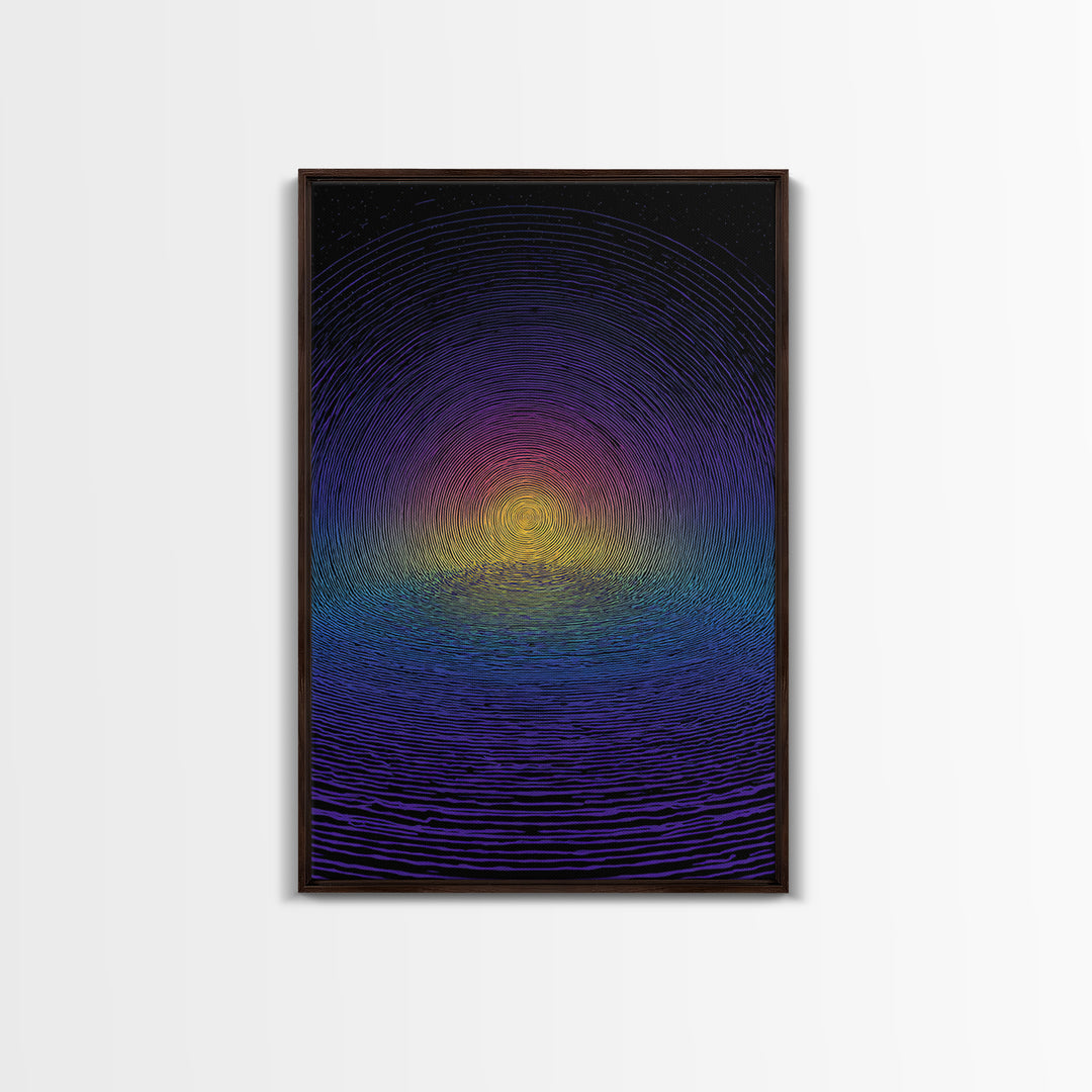 Blue Purple Ripple Sunset Canvas Print, Modern Abstract Wall Art, Retro Psychedelic Poster, Minimalist Home Decor Artwork