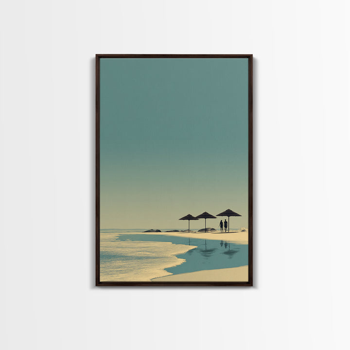 Minimal Beach Umbrellas Framed Canvas Print, Neutral Coastal Wall Art, Modern Landscape Poster, Serene Ocean Bedroom Decor