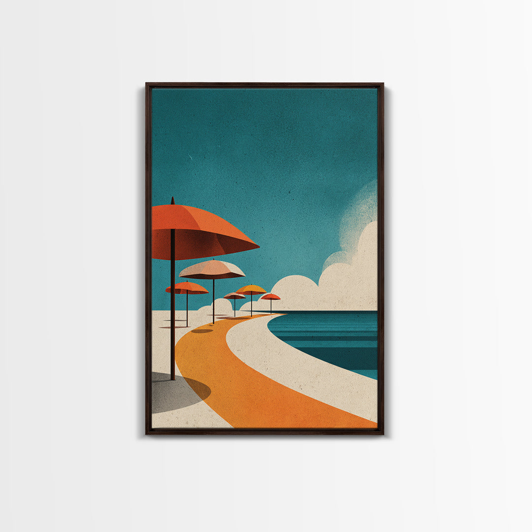 Orange Umbrella Boardwalk Canvas Print, Midcentury Modern Wall Art, Retro Beach Poster, Coastal MCM Home Decor, Palm Springs Style