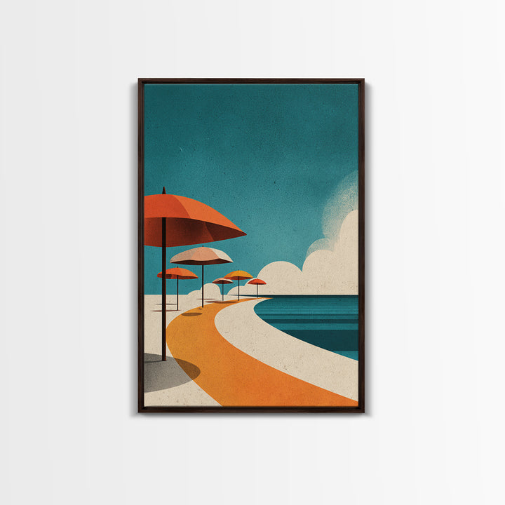 Orange Umbrella Boardwalk Canvas Print, Midcentury Modern Wall Art, Retro Beach Poster, Coastal MCM Home Decor, Palm Springs Style