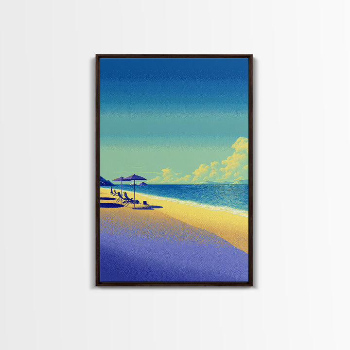 Vibrant Pixel Beach Canvas Print, Retro Travel Poster Wall Art, Coastal Modern Decor, Colorful Ocean Living Room Print Gift