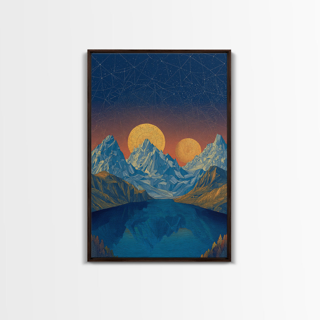 Starry Alpine Lake Framed Canvas Print, Blue Mountain Sunset Wall Art, Midcentury Modern Travel Poster For Cabin Home Decor